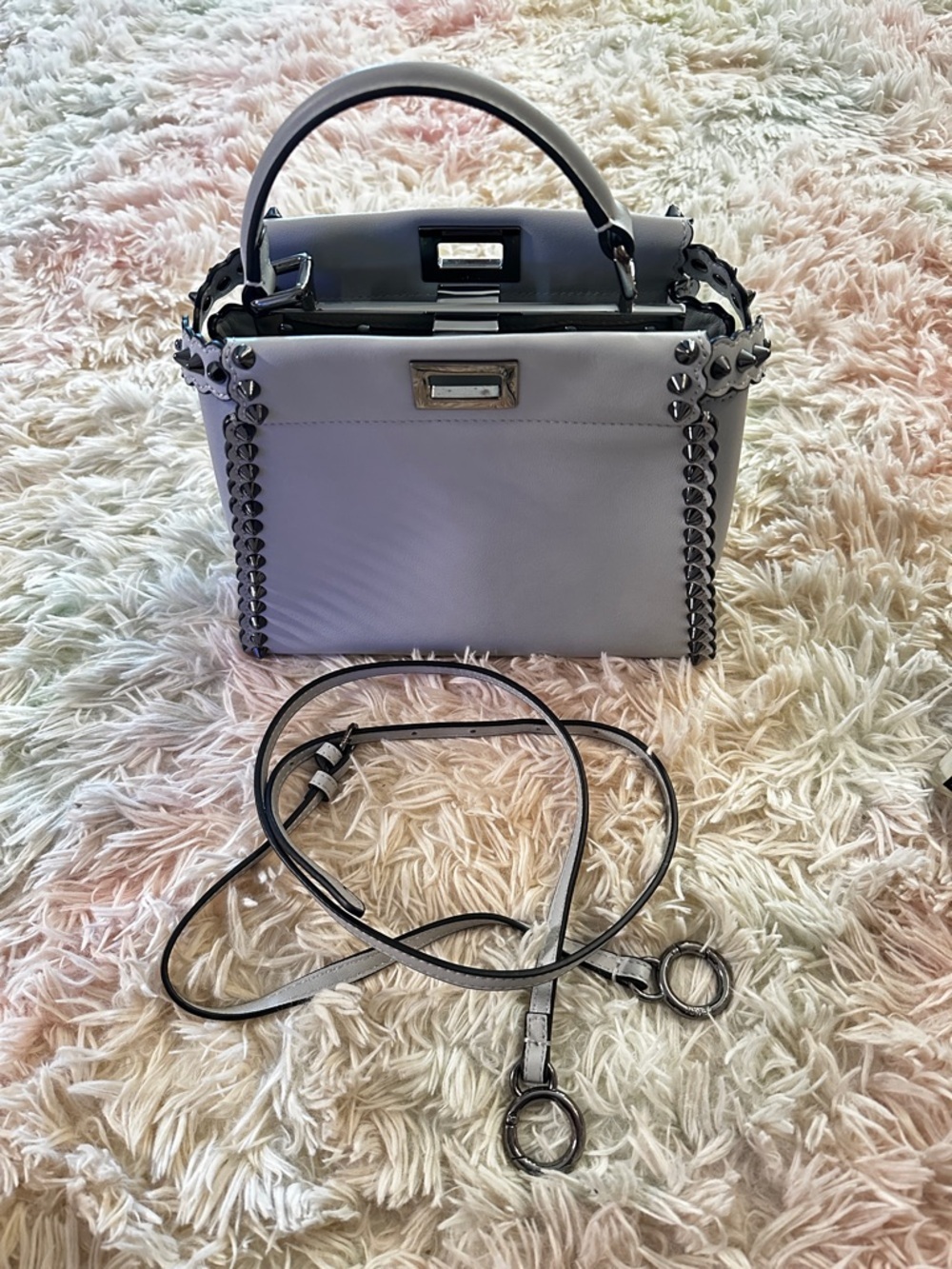 Fendi Peekaboo Mini Light Blue Studded Leather Two-Way Top Handle Bag - Picture 3 of 16